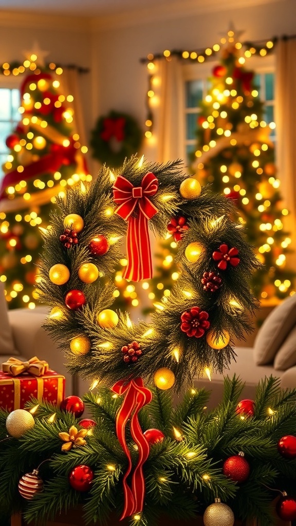 A festive Christmas wreath with LED lights and ornaments in a cozy living room.